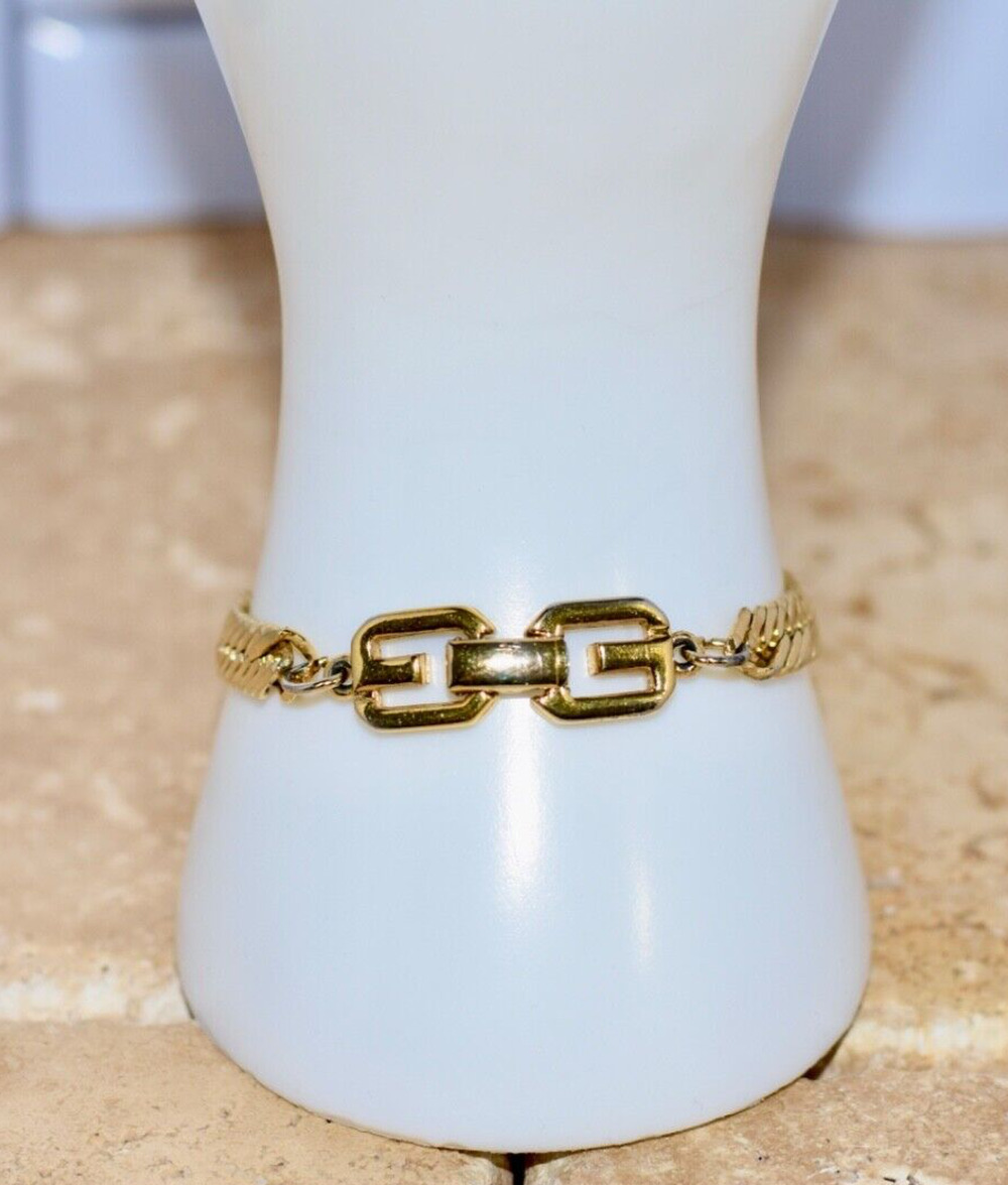 Vintage Givenchy Herringbone Gold Plated Chain Bracelet with Logo Clasp, 1980s